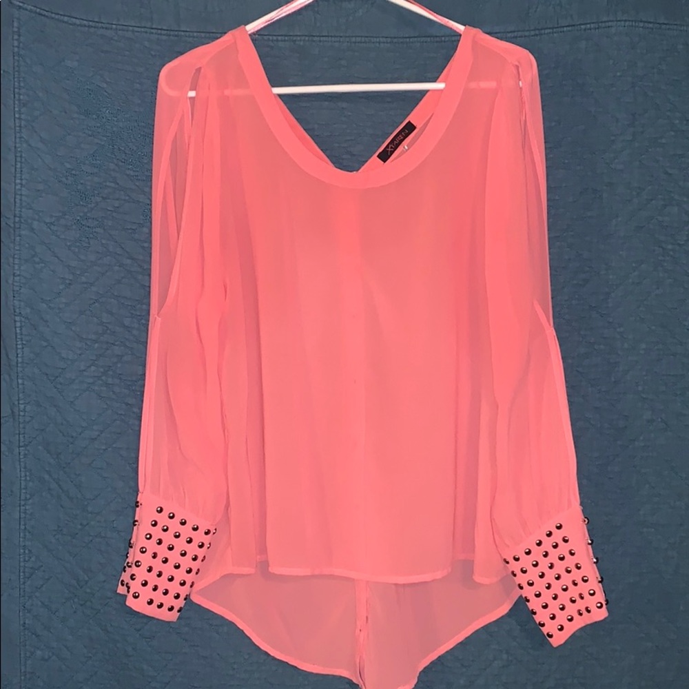 Sheer high-long slit-sleeve blouse